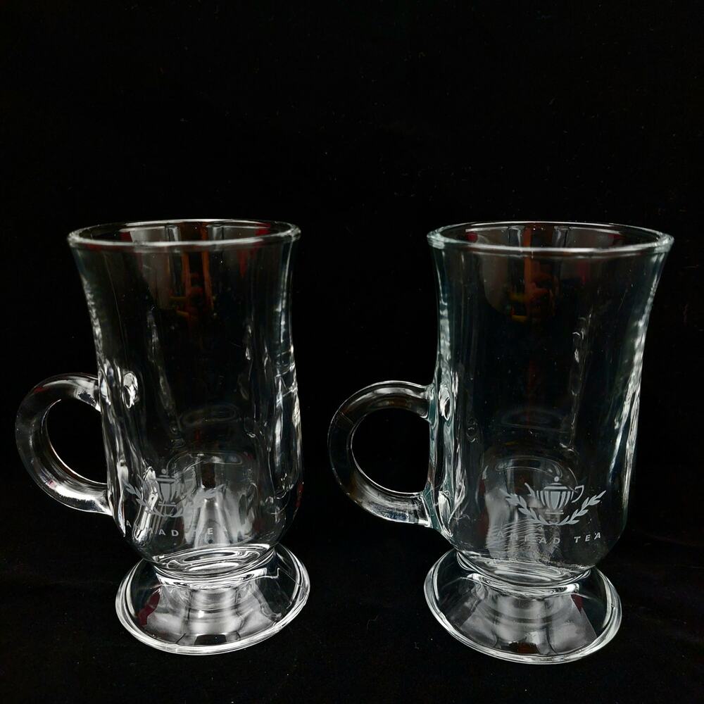 Ahmad Tea Branded Clear Glass Footed Mugs Set of 2 Etched Logo Cup 4.5"